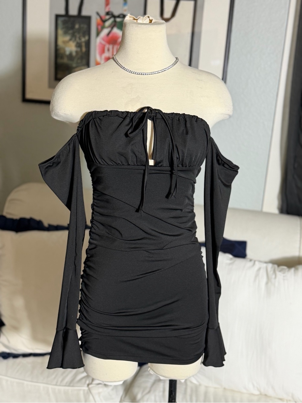 SHEIN Black Off-Shoulder Ruched Mini Dress